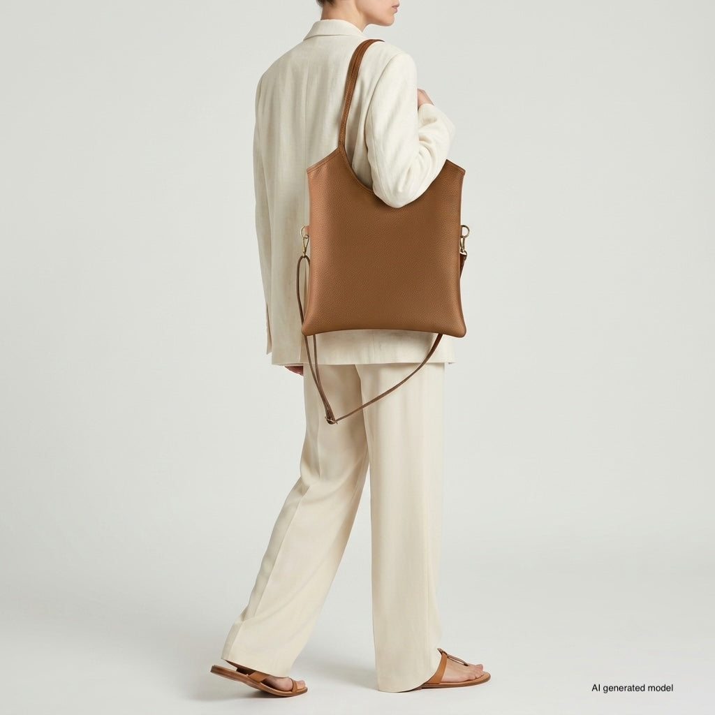 Italian Genuine Calf Leather Vertical Tote Bag with Crossbody Strap