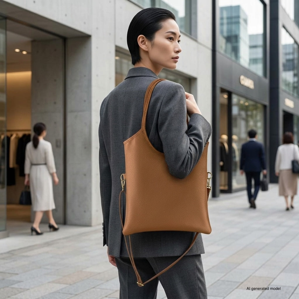 Italian Genuine Calf Leather Vertical Tote Bag with Crossbody Strap
