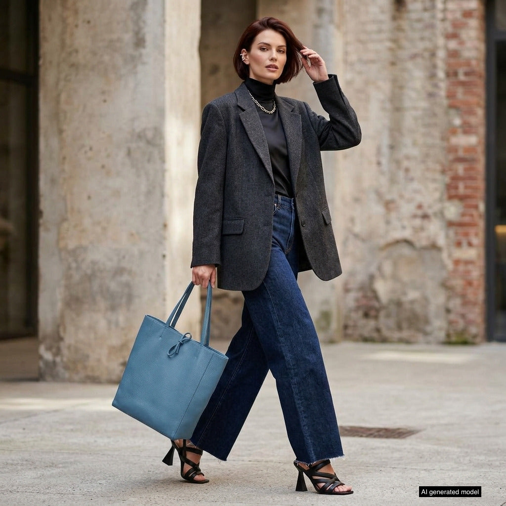 Italian Genuine Calf Leather Tote Bag - Minimalist Everyday Carryall