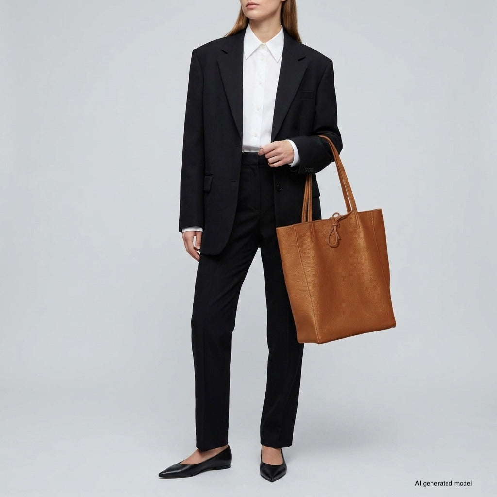 Italian Genuine Calf Leather Tote Bag - Minimalist Everyday Carryall