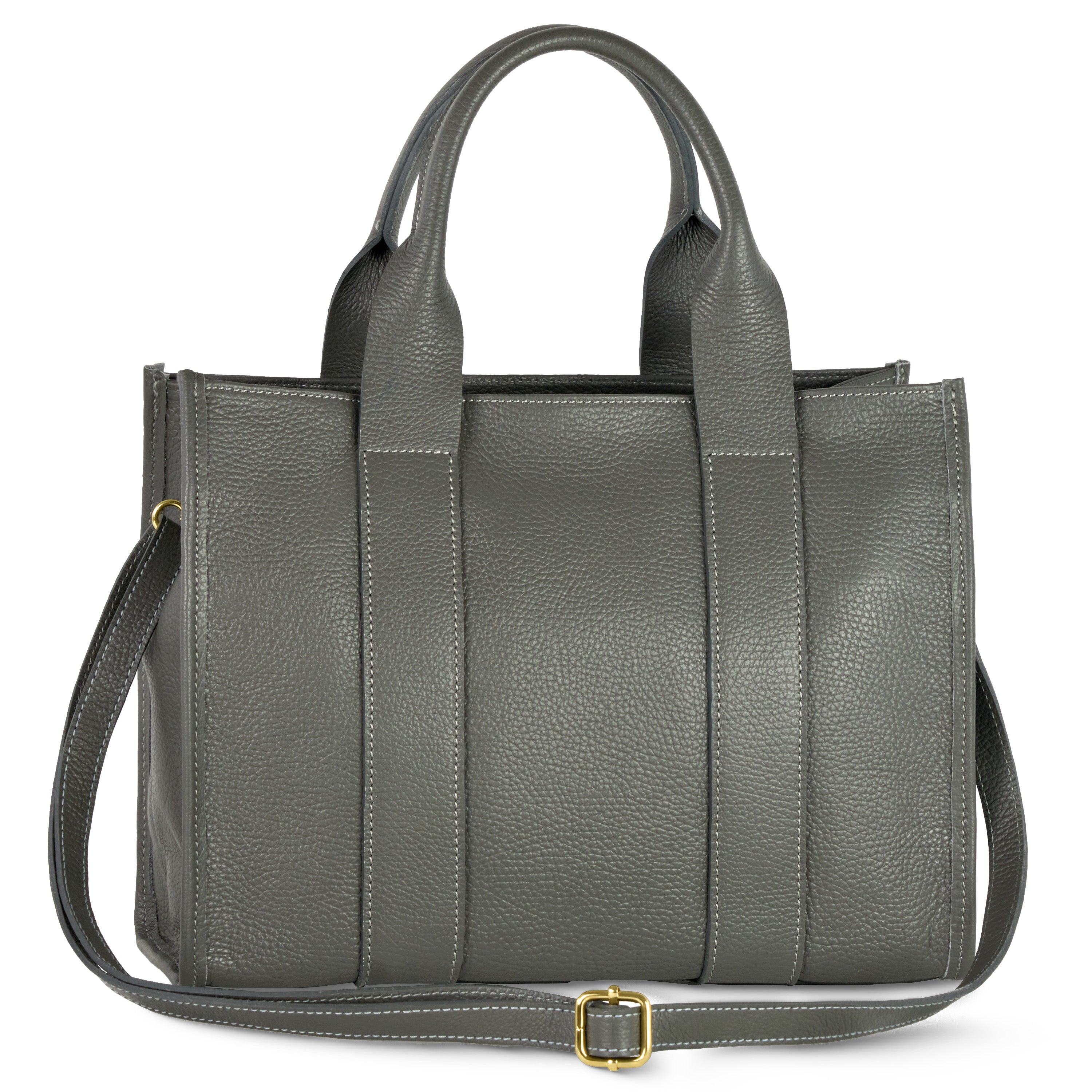 Professional structured Italian calf leather tote bag in solid colors with zipper closure.
