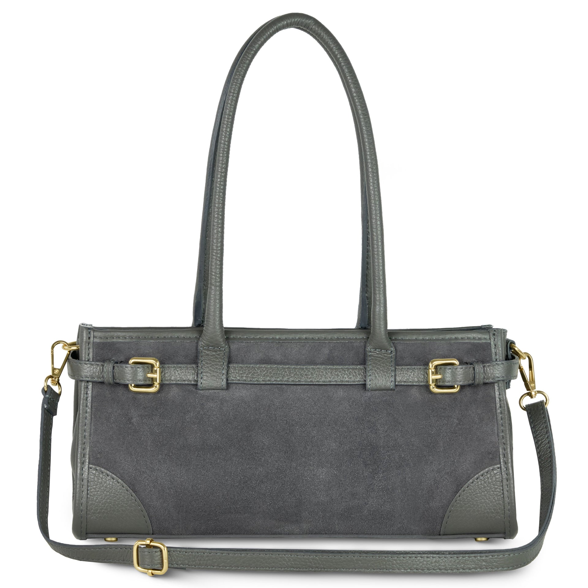 Grey-green Italian suede and calf leather shoulder bag with structured trim