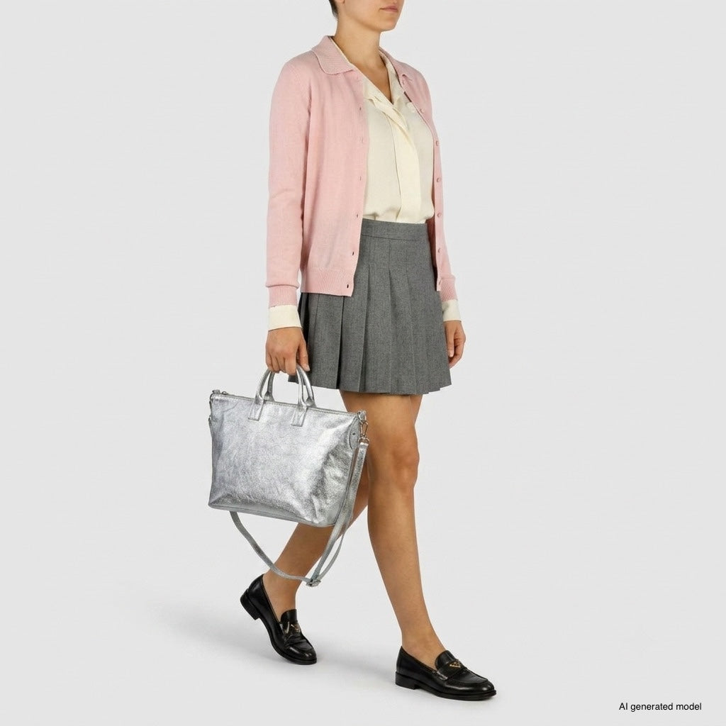 Italian Genuine Metallic Suede Top-Handle Bag with Detachable Strap