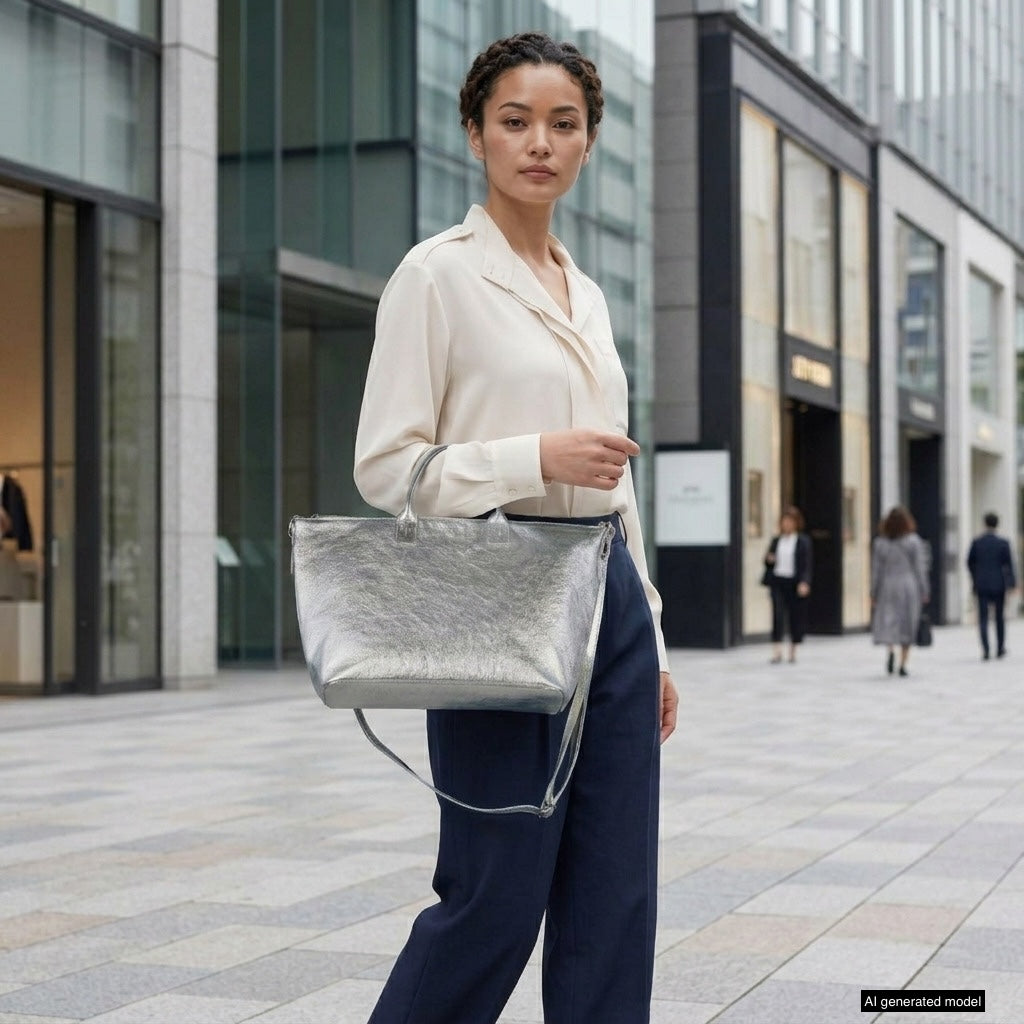Italian Genuine Metallic Suede Top-Handle Bag with Detachable Strap