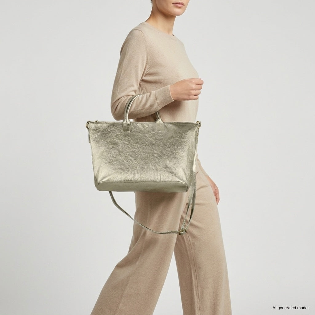 Italian Genuine Metallic Suede Top-Handle Bag with Detachable Strap