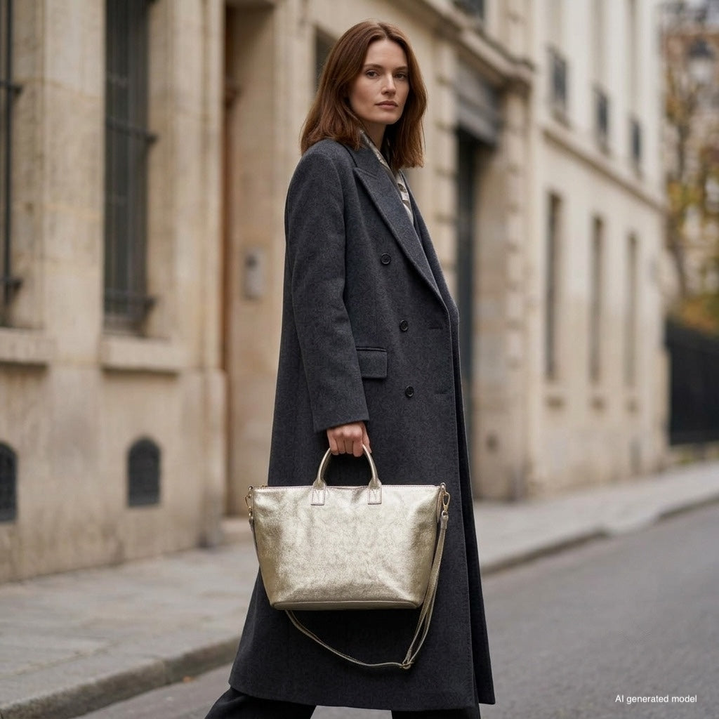 Italian Genuine Metallic Suede Top-Handle Bag with Detachable Strap