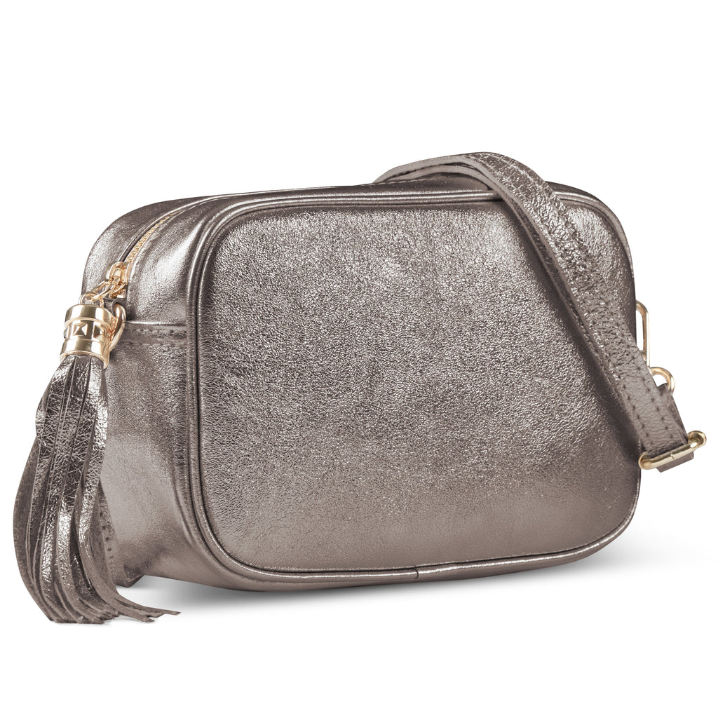 Italian Genuine Metallic Suede Crossbody Bag with Tassel