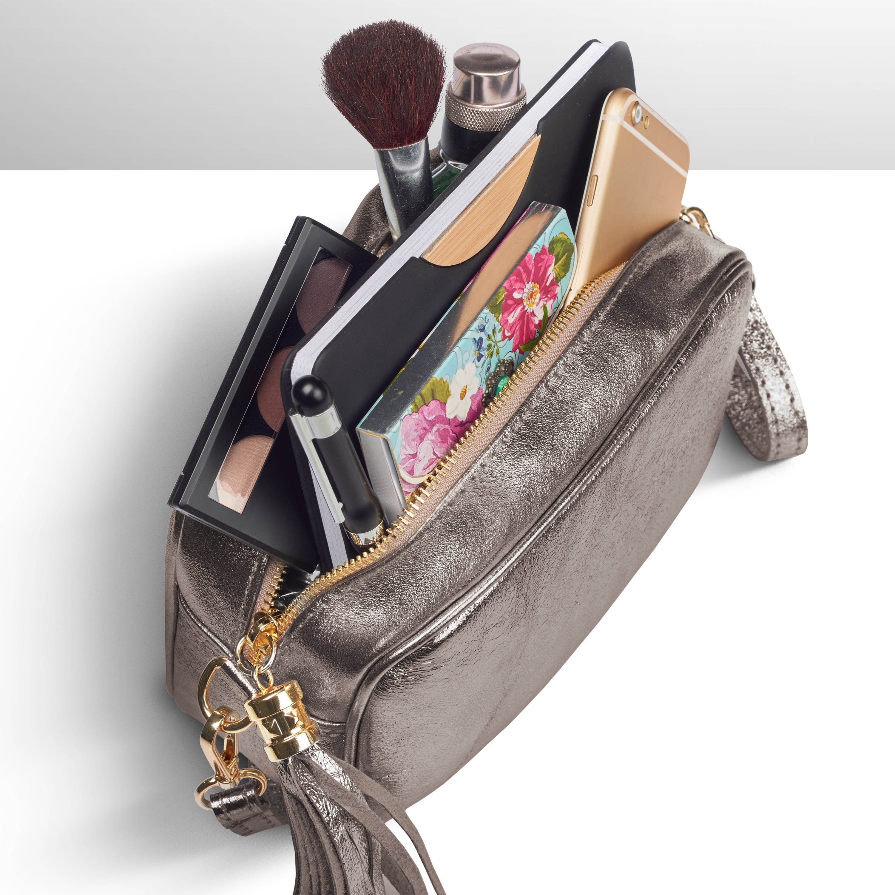 Italian Genuine Metallic Suede Crossbody Bag with Tassel