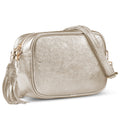 Metallic silver suede crossbody bag by TAKEASY featuring a tassel zipper and adjustable strap