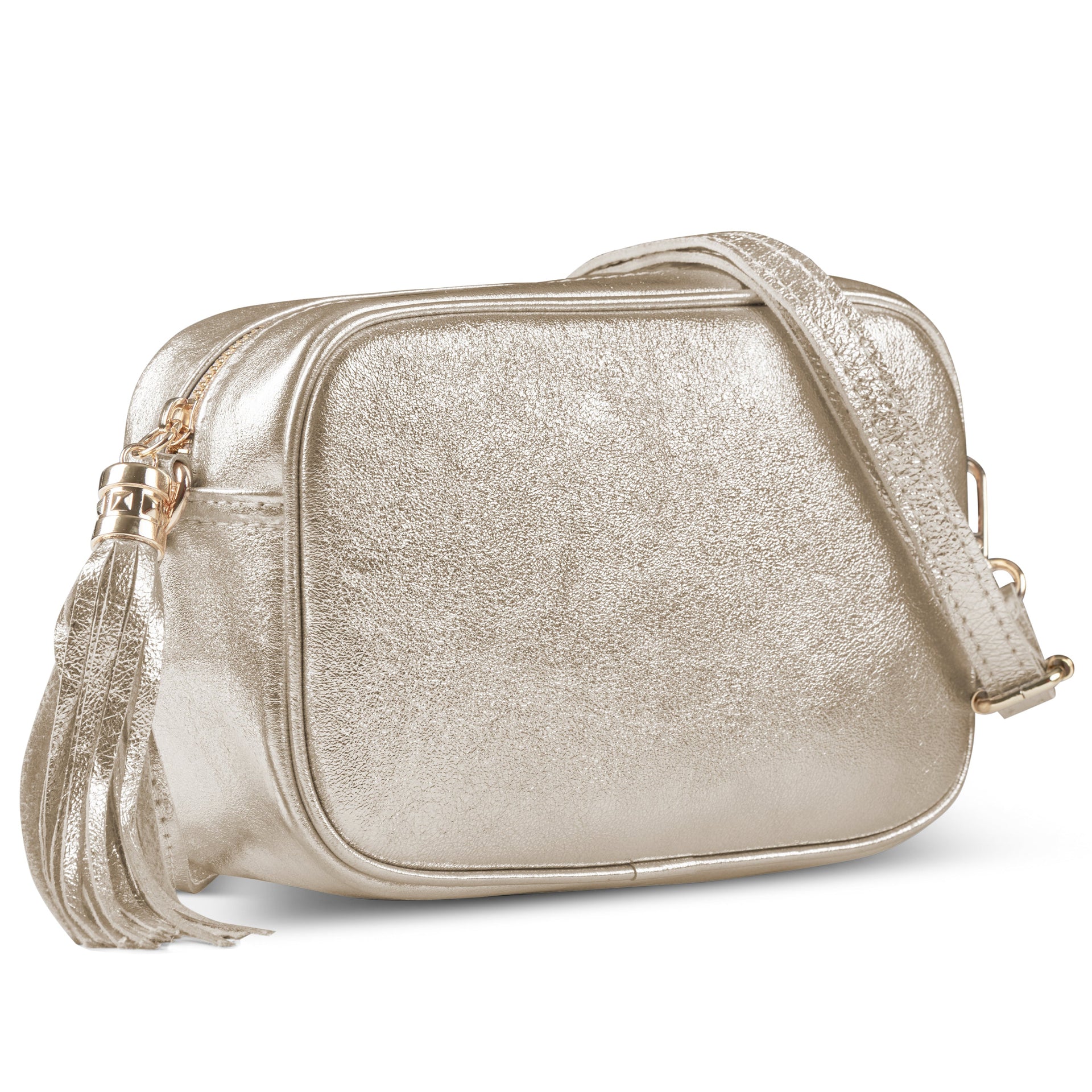 Metallic silver suede crossbody bag by TAKEASY featuring a tassel zipper and adjustable strap