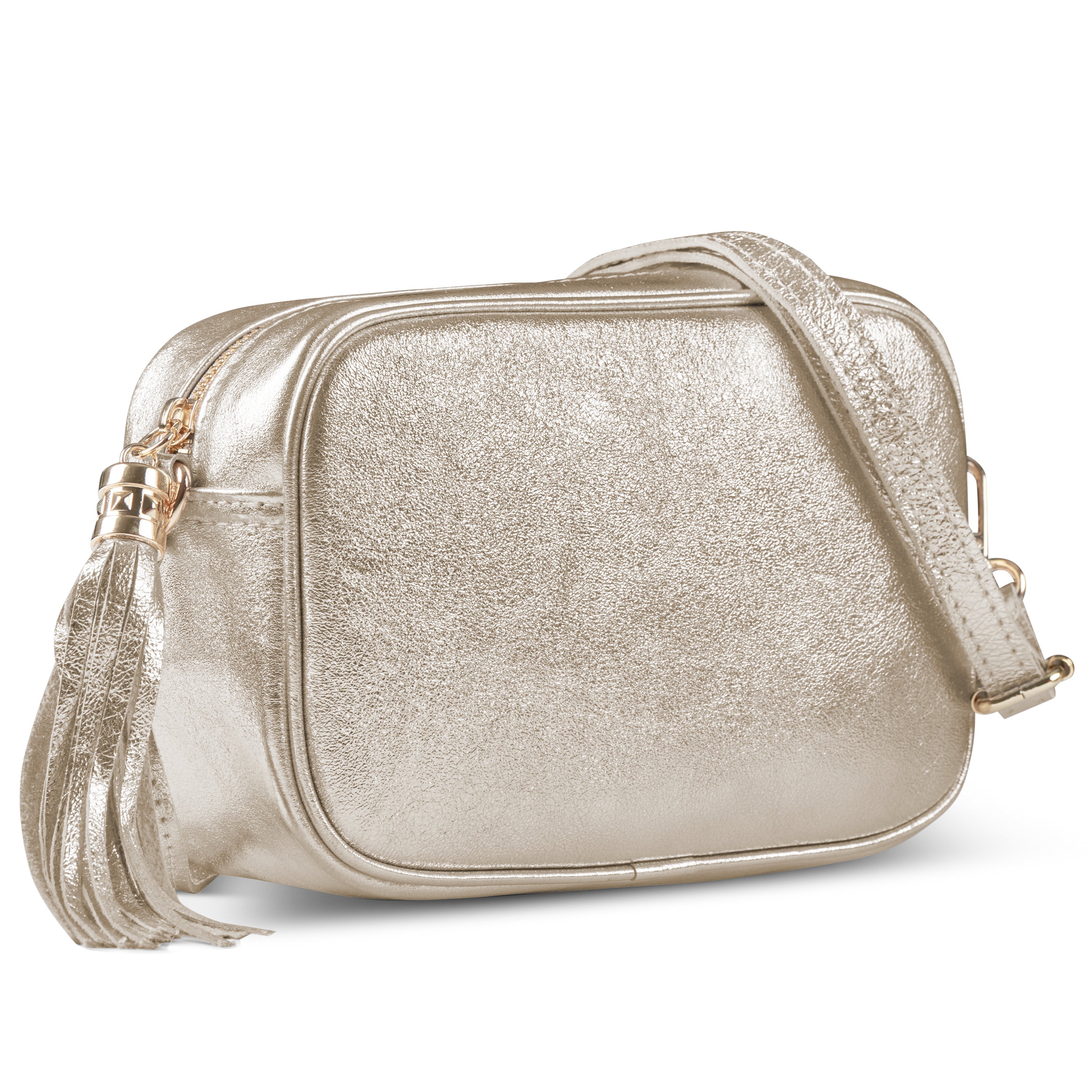 Metallic silver suede crossbody bag by TAKEASY featuring a tassel zipper and adjustable strap