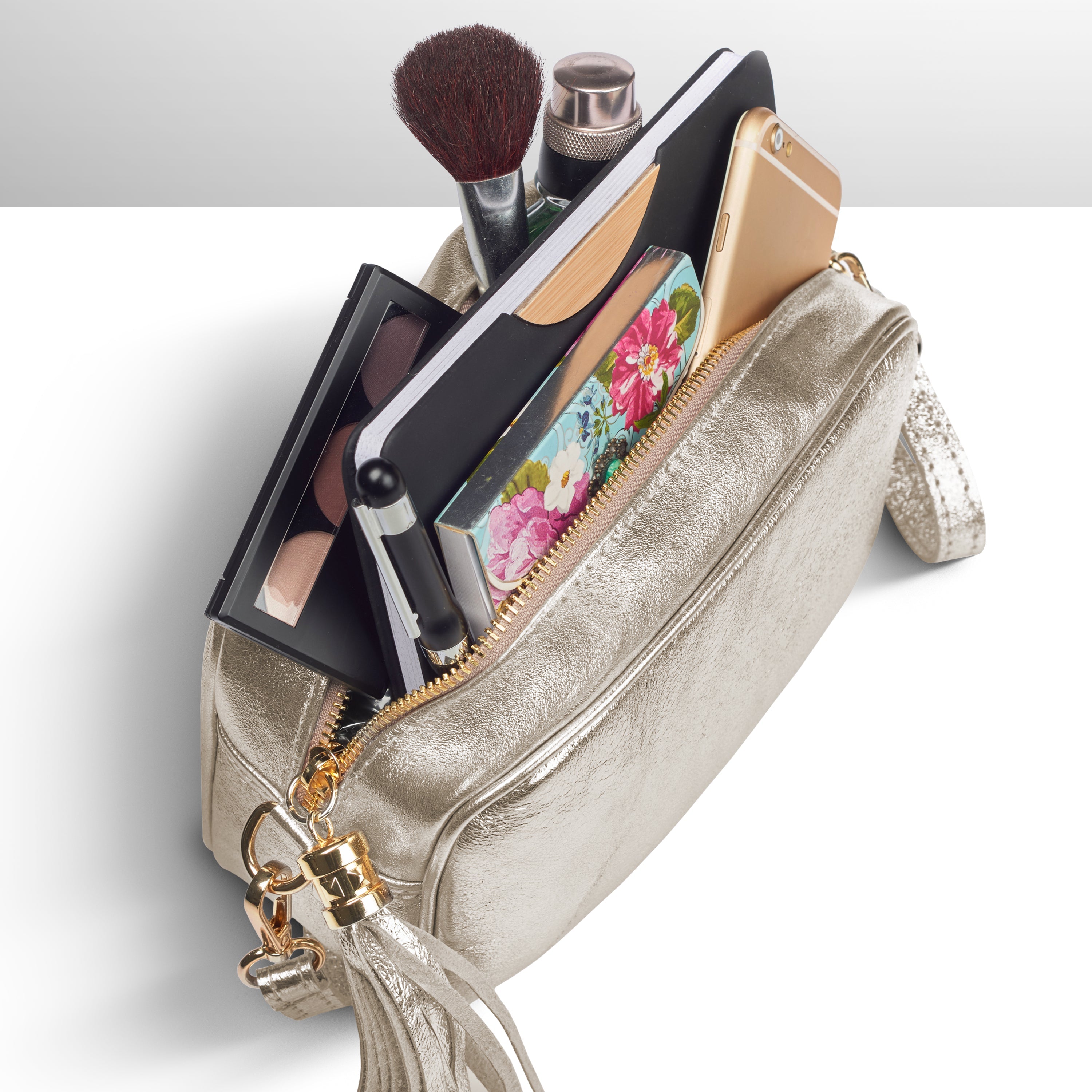 Italian Genuine Metallic Suede Crossbody Bag with Tassel