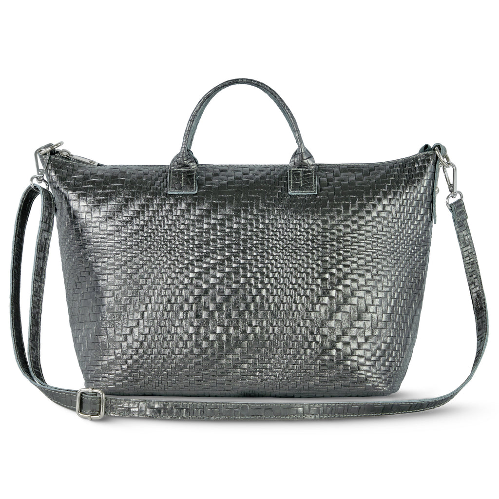 Modern metallic suede top-handle bag with geometric grid pattern and adjustable strap