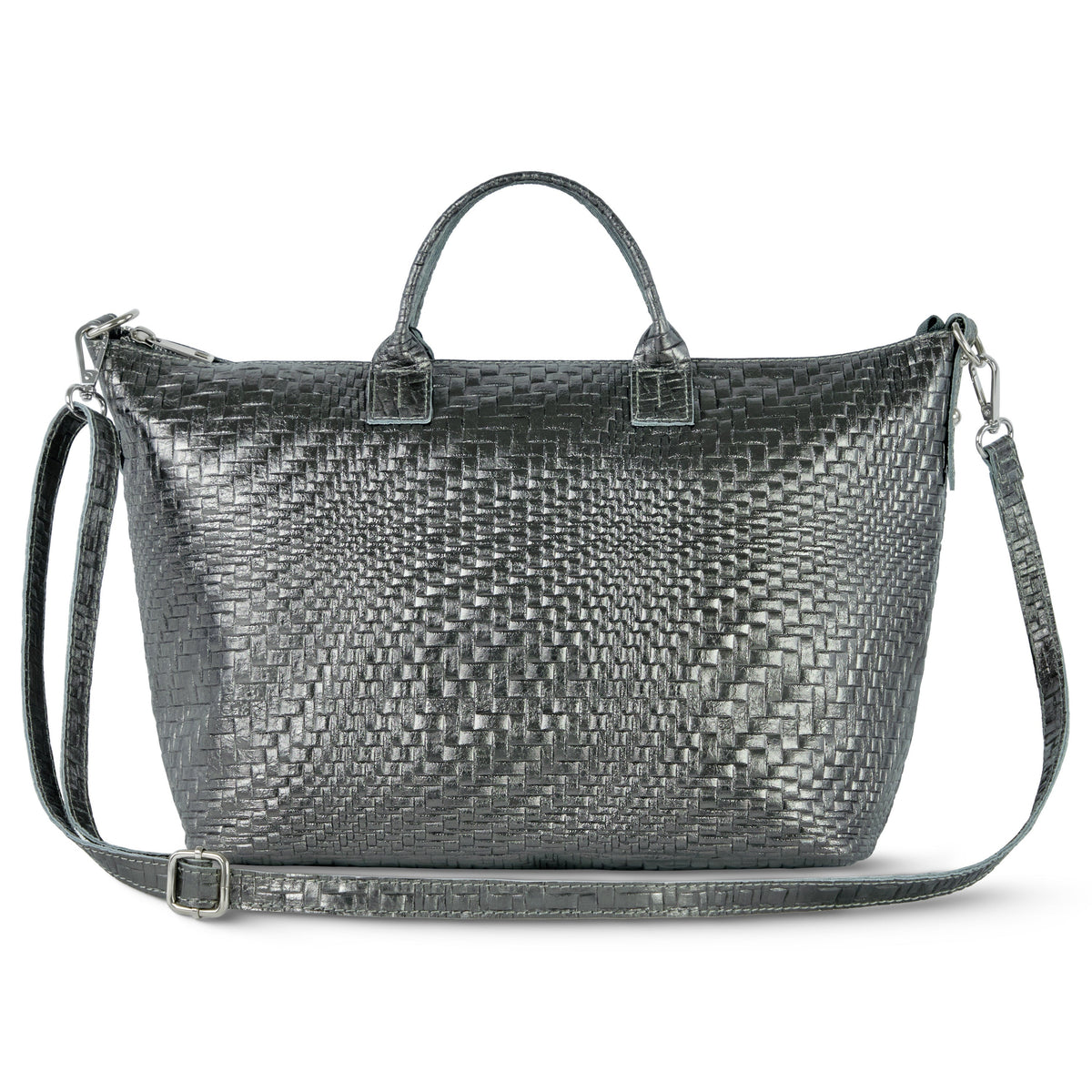 Modern metallic suede top-handle bag with geometric grid pattern and adjustable strap