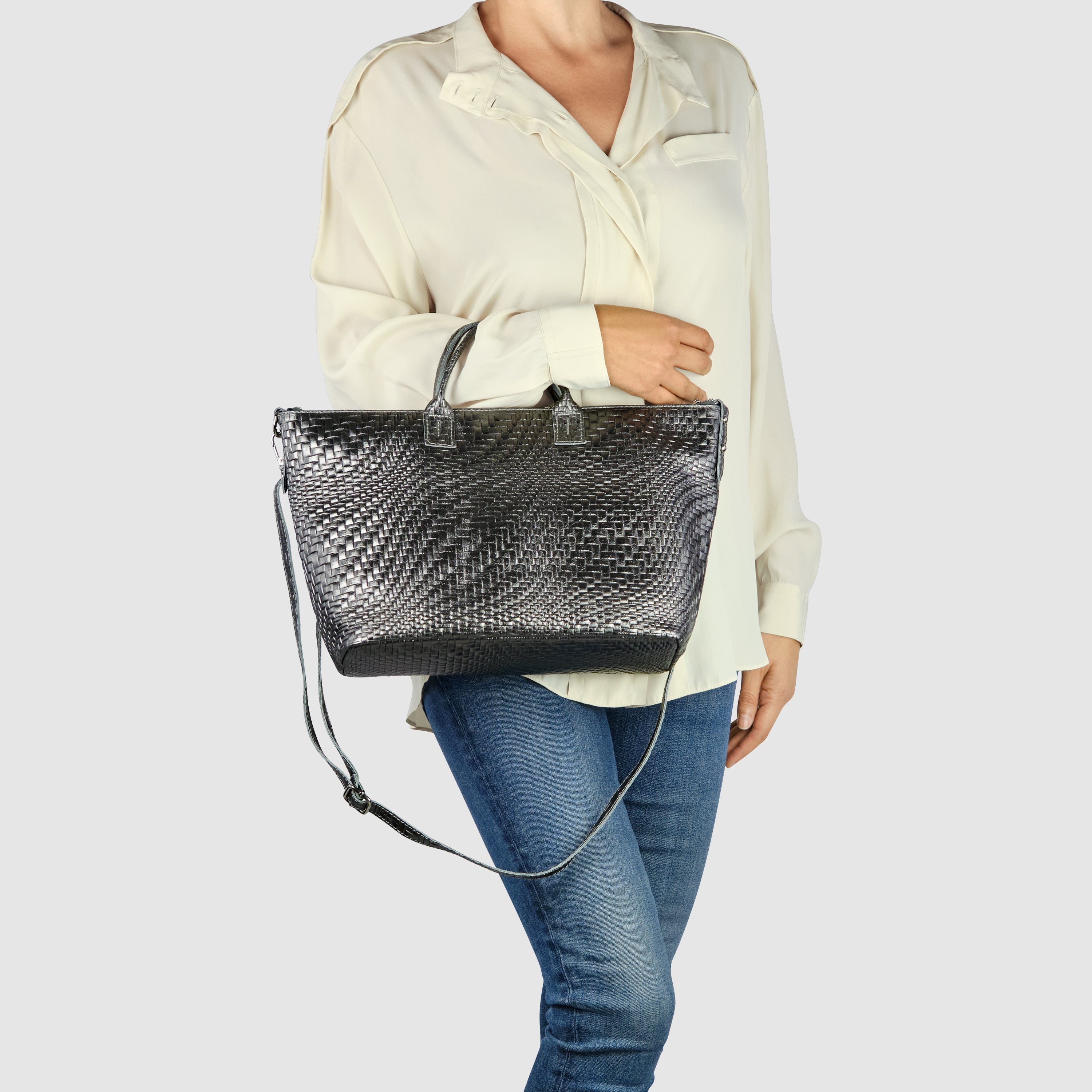 Italian Genuine Grid Metallic Suede Top-Handle Bag