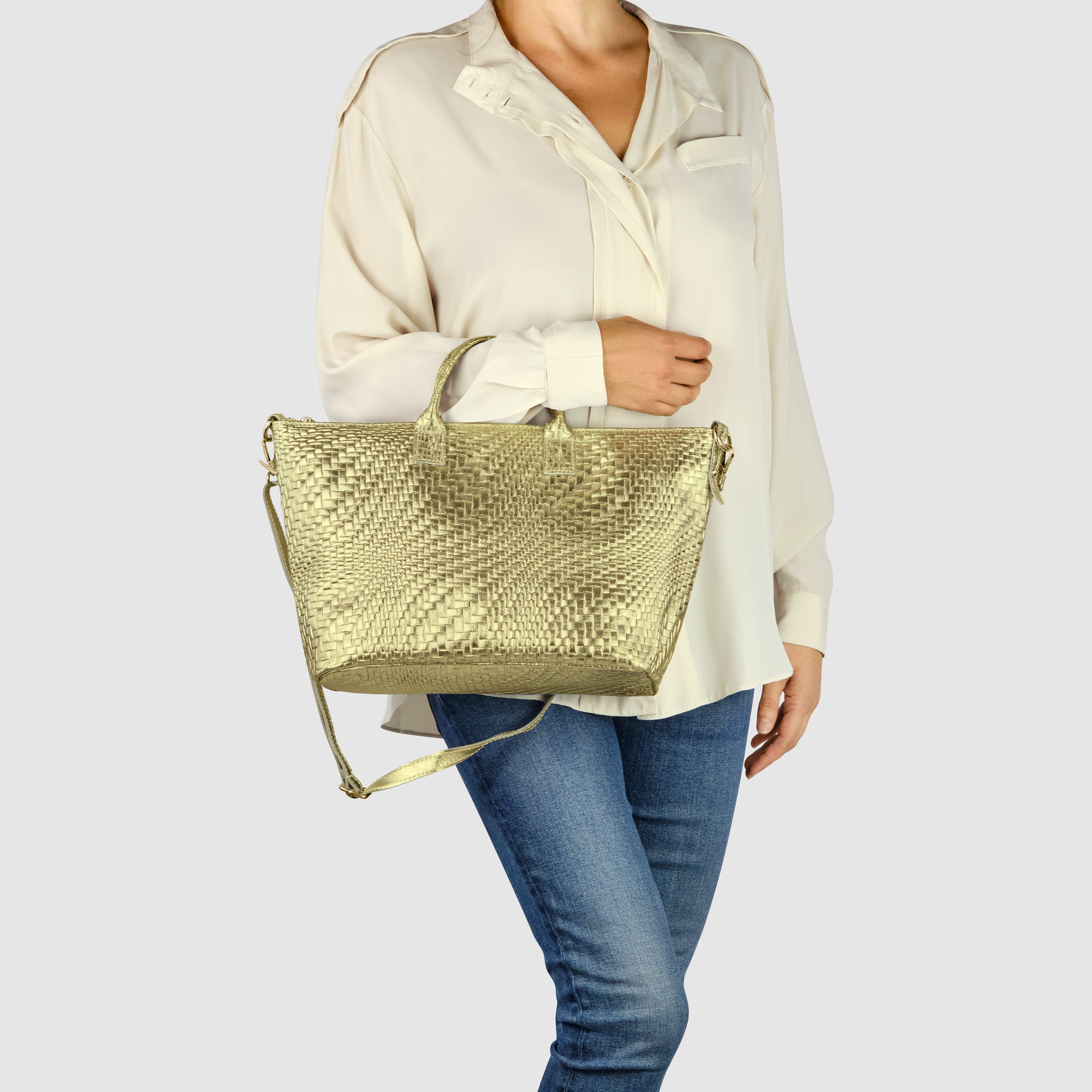 Italian Genuine Grid Metallic Suede Top-Handle Bag