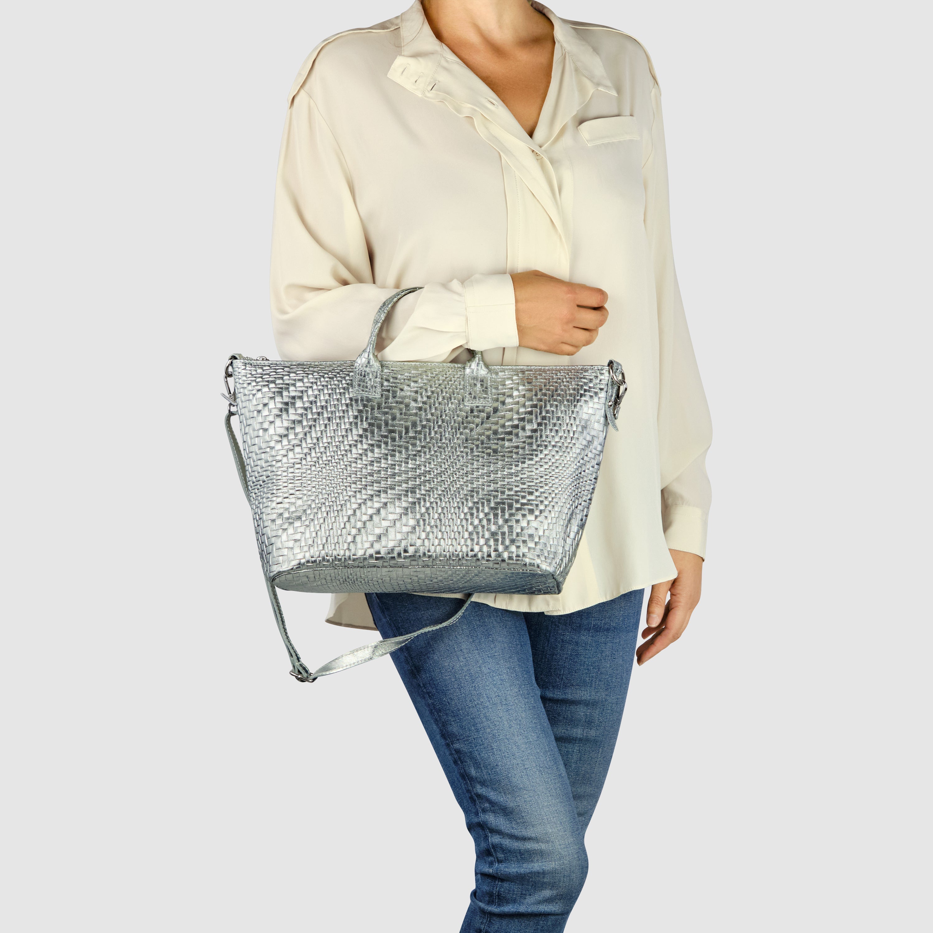 Italian Genuine Grid Metallic Suede Top-Handle Bag