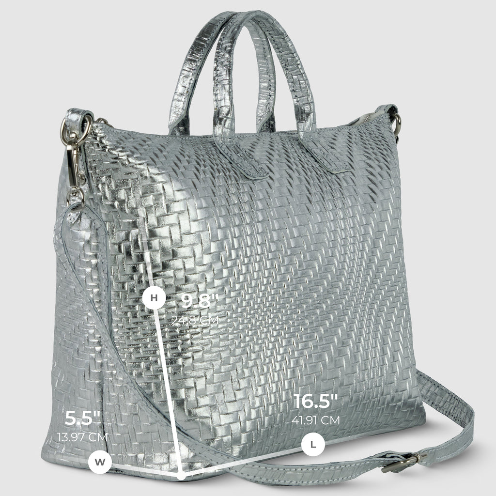 Italian Genuine Grid Metallic Suede Top-Handle Bag