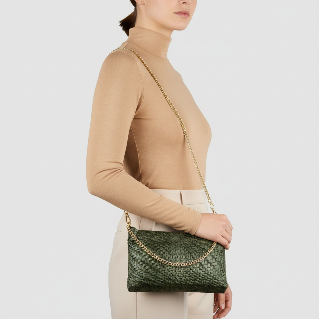Italian Genuine Suede Grid Crossbody Bag with Gold Chain