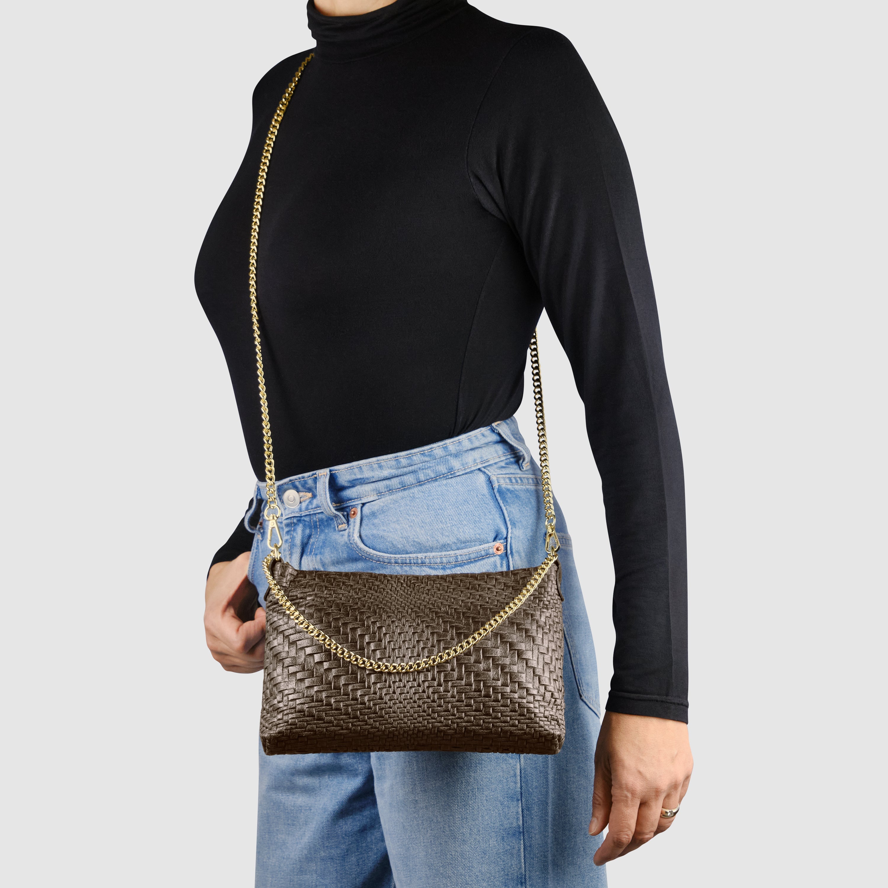 Italian Genuine Suede Grid Crossbody Bag with Gold Chain