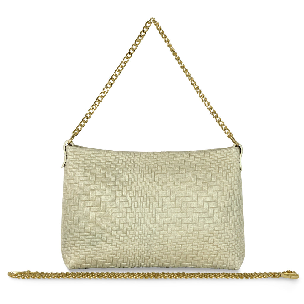 Italian Genuine Suede Grid Crossbody Bag with Gold Chain
