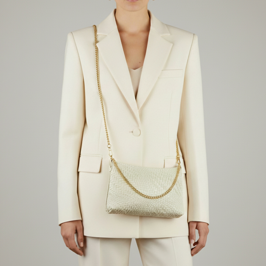 Italian Genuine Suede Grid Crossbody Bag with Gold Chain