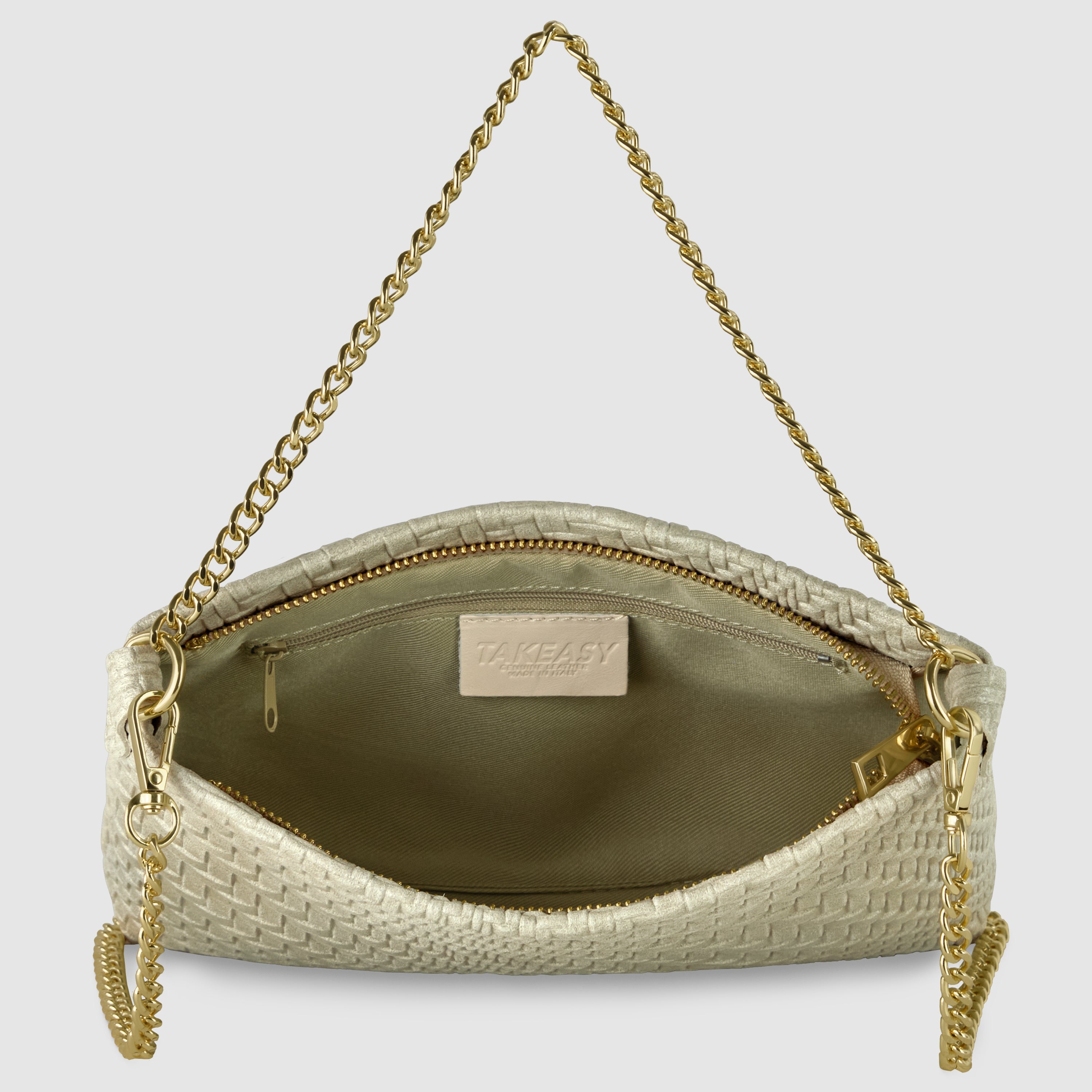Italian Genuine Suede Grid Crossbody Bag with Gold Chain