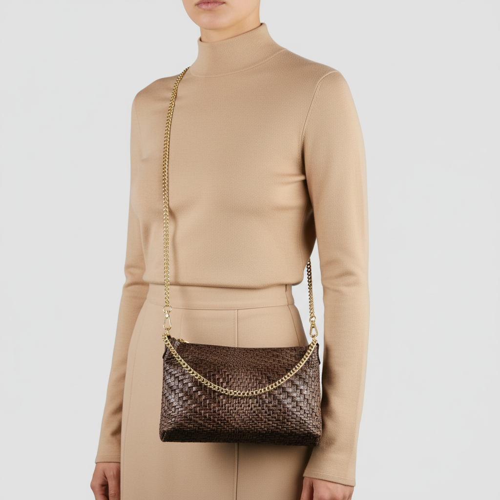 Italian Genuine Suede Grid Crossbody Bag with Gold Chain