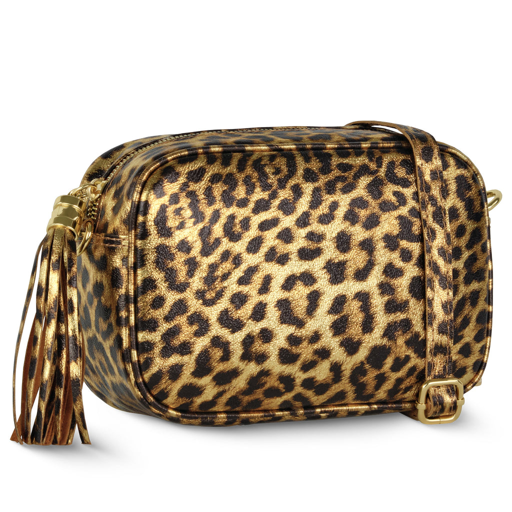 Leopard-print metallic suede crossbody bag with tassel and detachable strap.