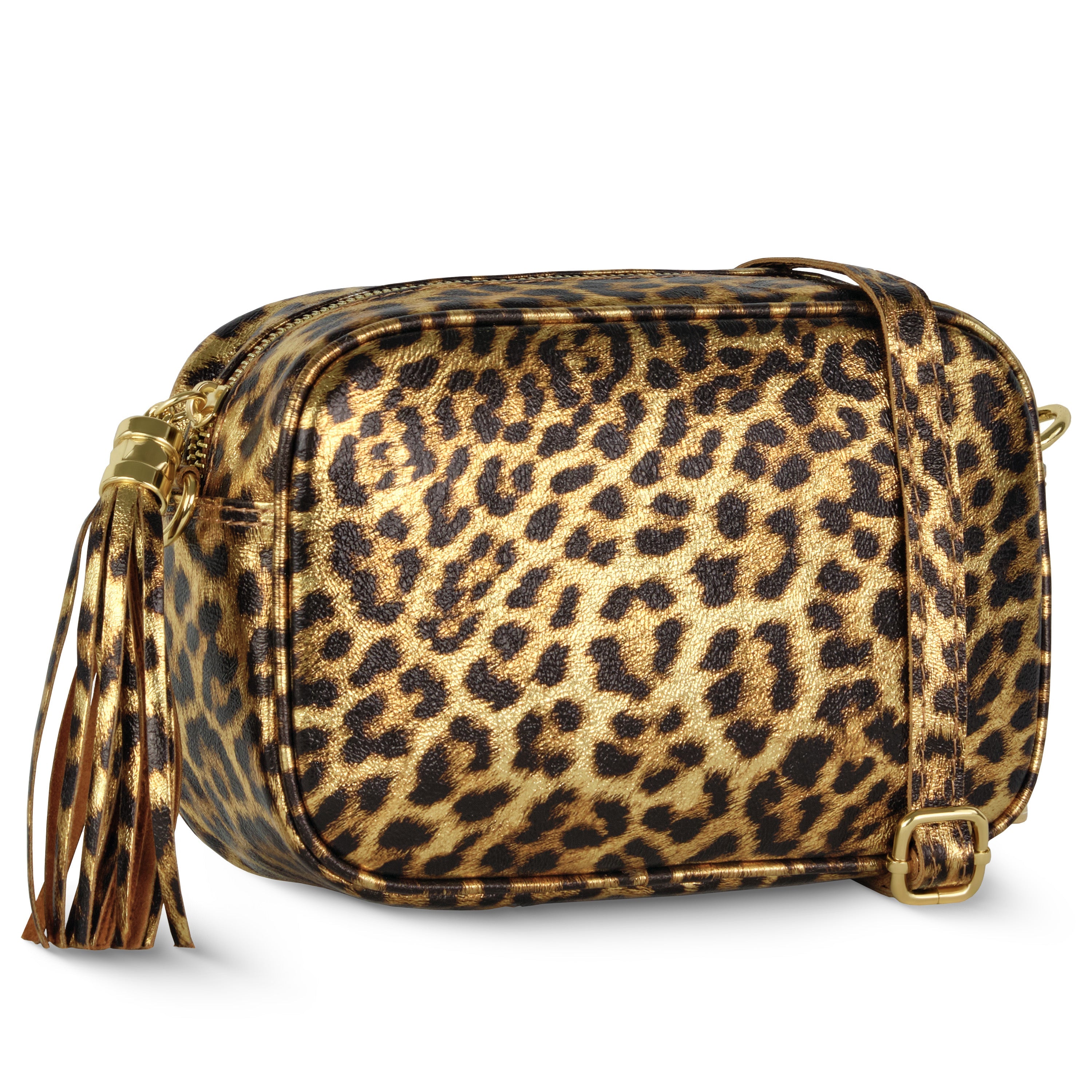 Leopard-print metallic suede crossbody bag with tassel and detachable strap.