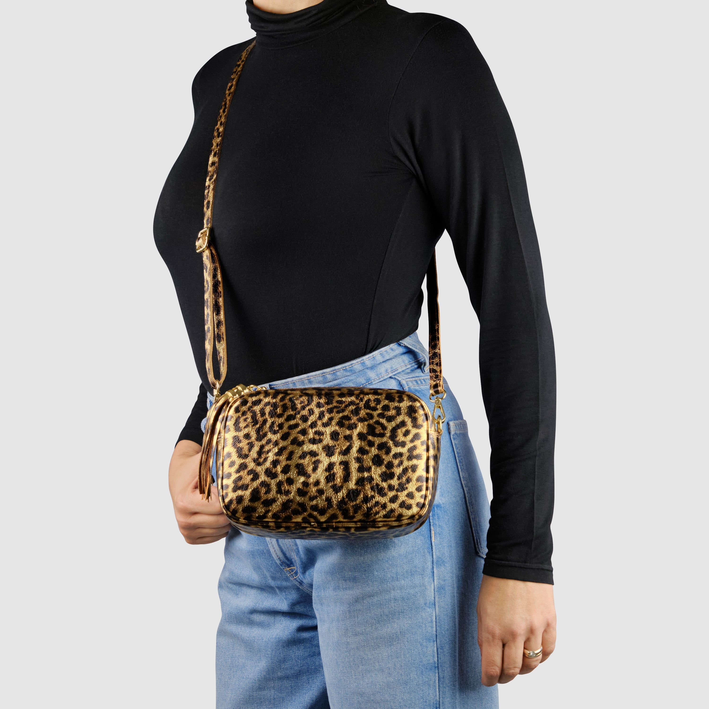 Italian Genuine Leopard-Print Metallic Suede Crossbody Bag
