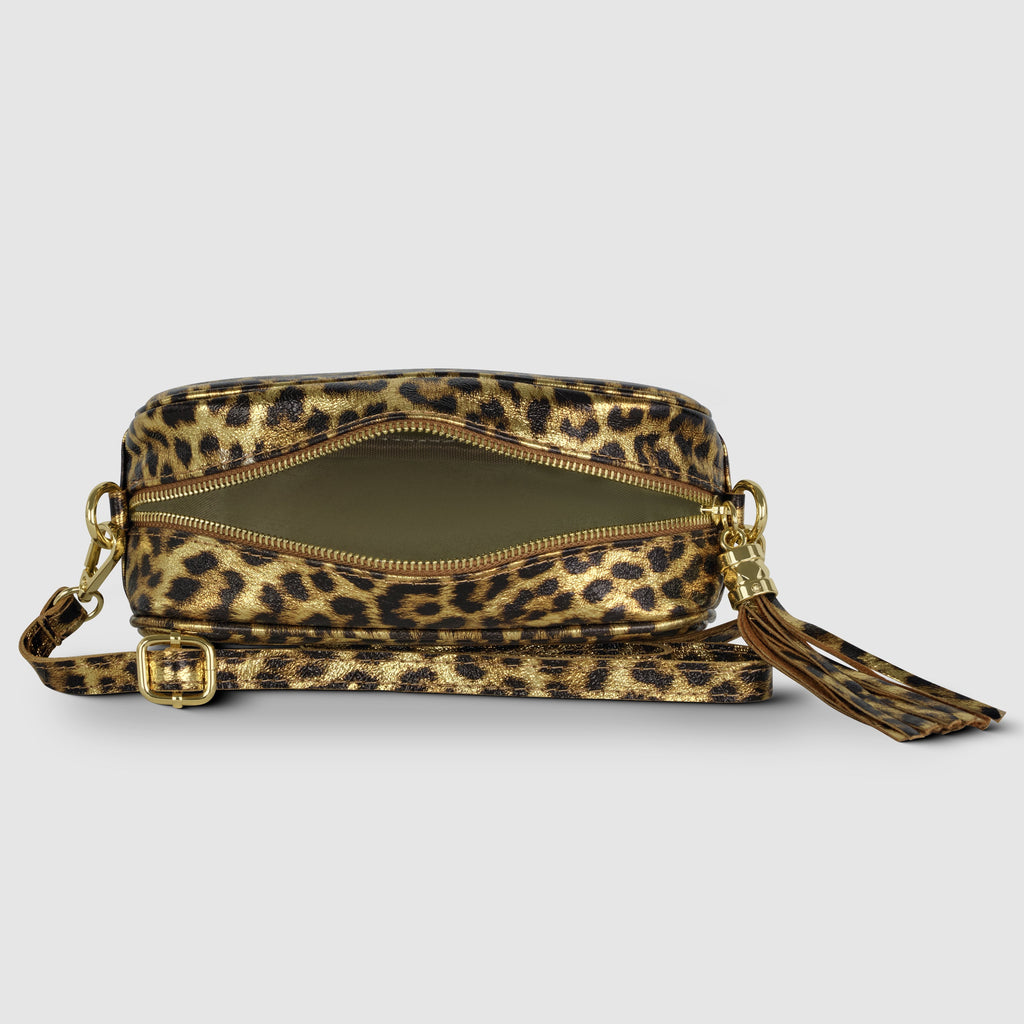 Italian Genuine Leopard-Print Metallic Suede Crossbody Bag