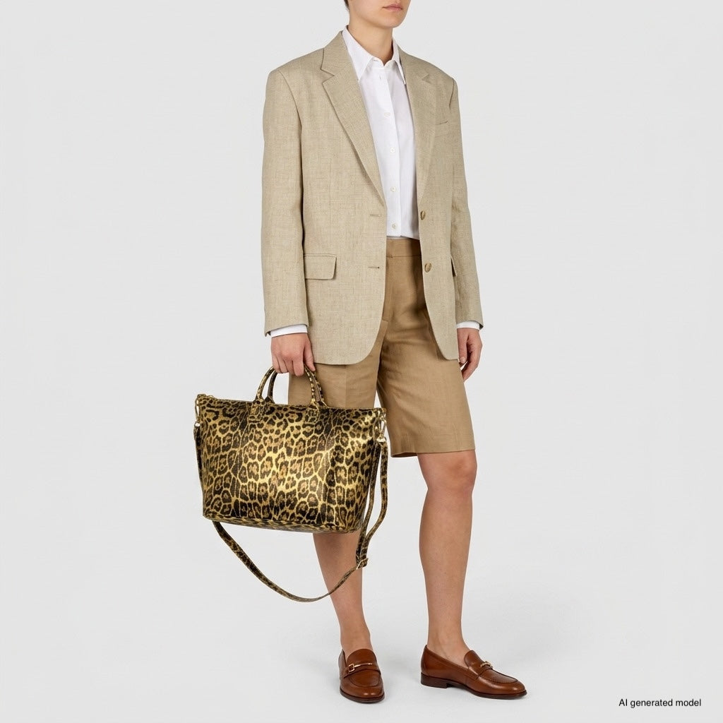 Italian Genuine Leopard-Print Metallic Suede Top-Handle Bag