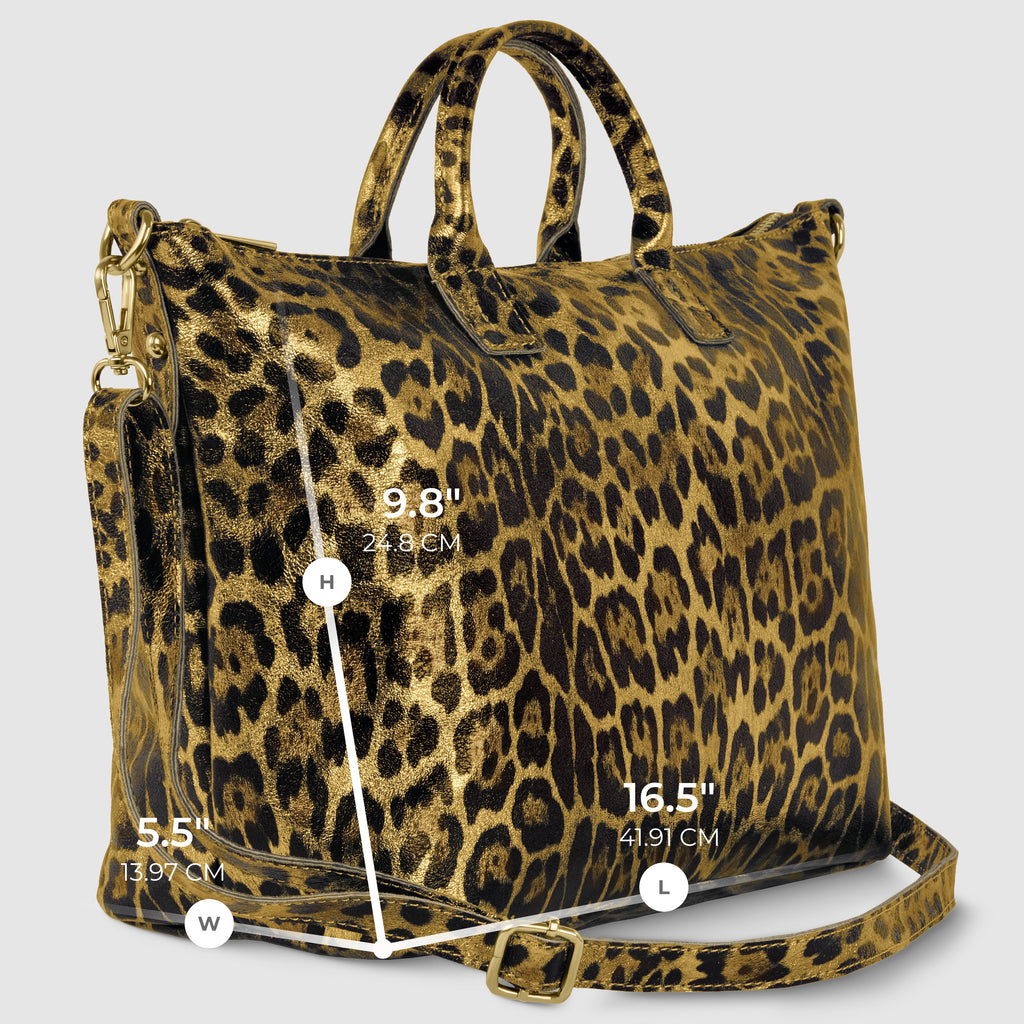 Italian Genuine Leopard-Print Metallic Suede Top-Handle Bag