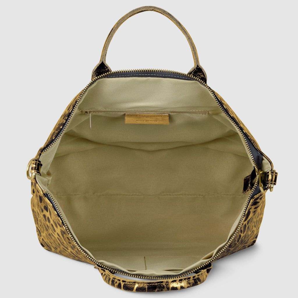 Italian Genuine Leopard-Print Metallic Suede Top-Handle Bag
