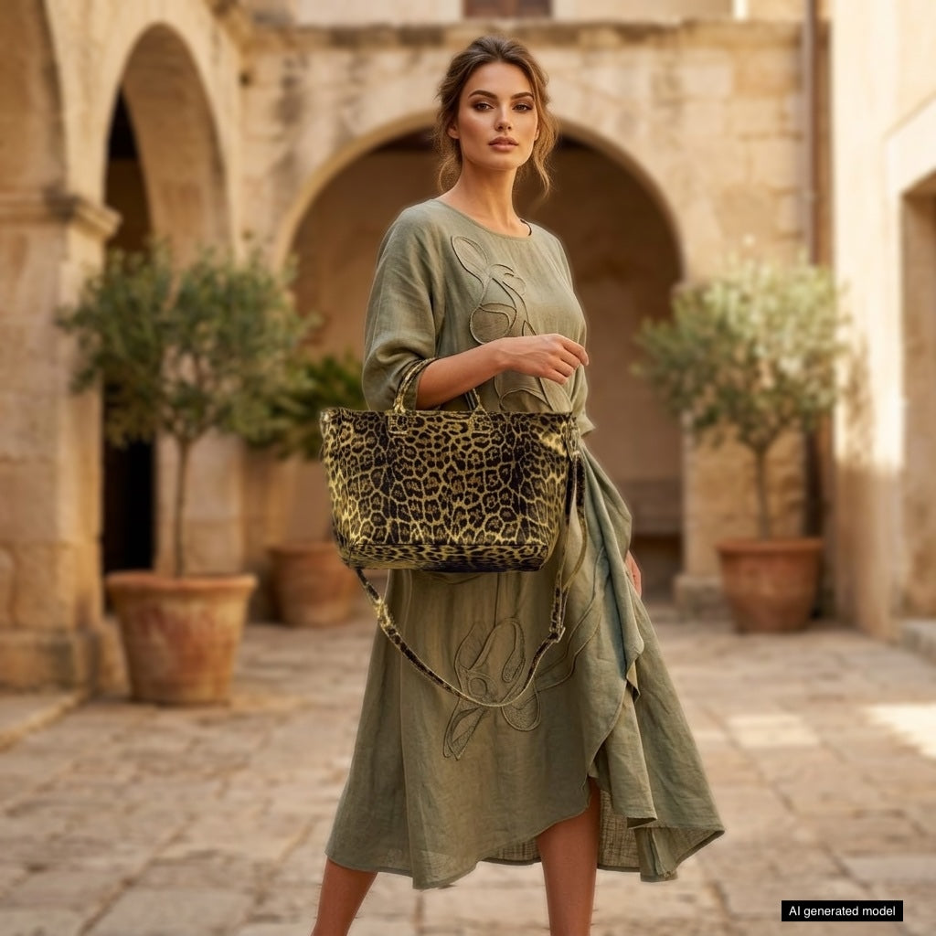 Italian Genuine Leopard-Print Metallic Suede Top-Handle Bag