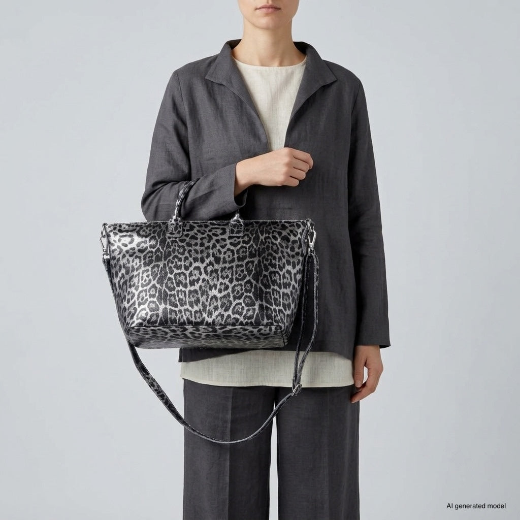 Italian Genuine Leopard-Print Metallic Suede Top-Handle Bag