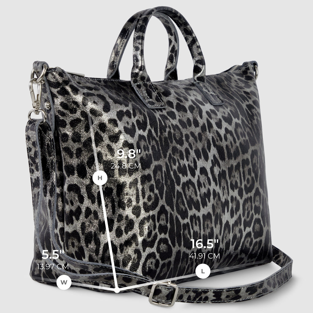 Italian Genuine Leopard-Print Metallic Suede Top-Handle Bag