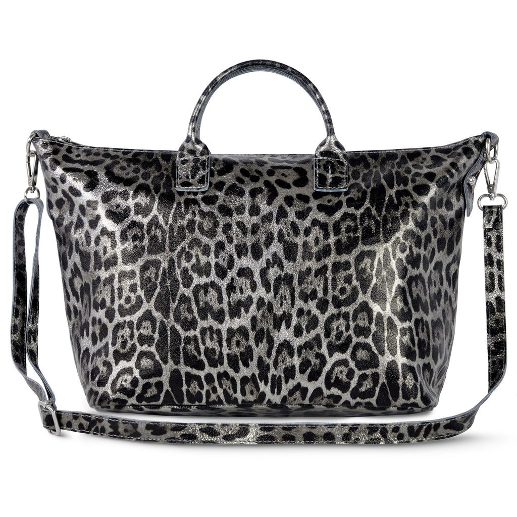 Italian genuine metallic suede leopard-print top-handle bag with gold accents