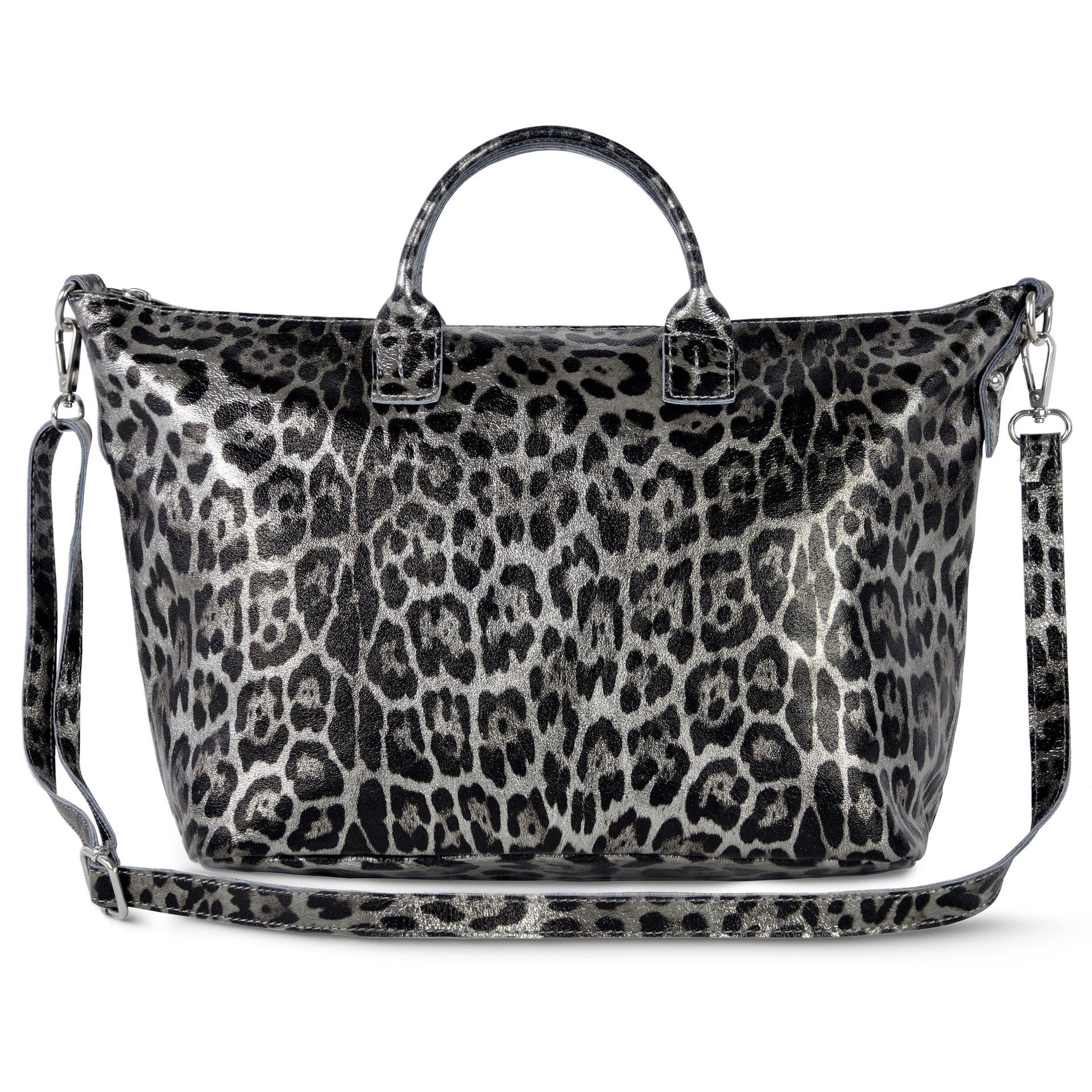 Italian genuine metallic suede leopard-print top-handle bag with gold accents