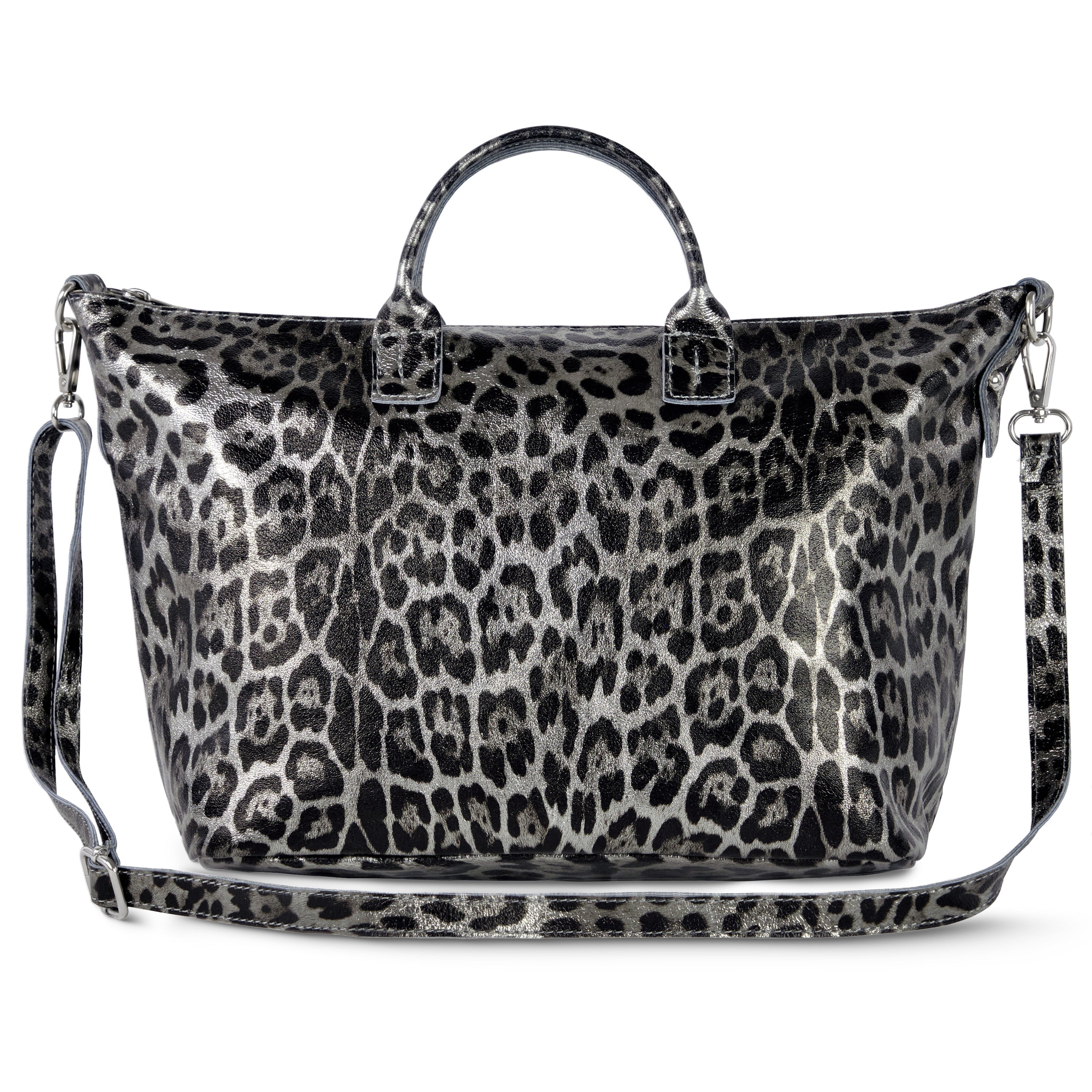 Italian genuine metallic suede leopard-print top-handle bag with gold accents