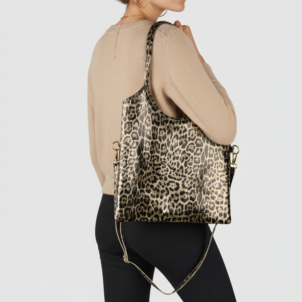 Italian Genuine Leopard-Print Metallic Suede Tote Bag