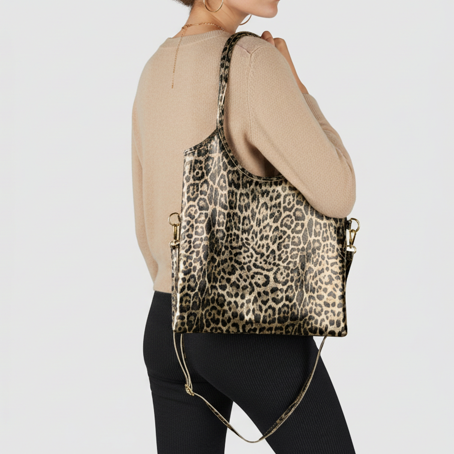 Italian Genuine Leopard-Print Metallic Suede Tote Bag