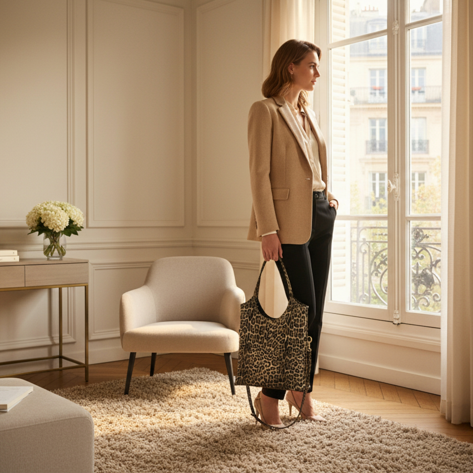 Italian Genuine Leopard-Print Metallic Suede Tote Bag