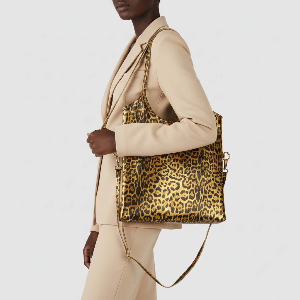 Italian Genuine Leopard-Print Metallic Suede Tote Bag