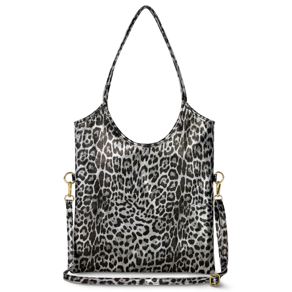 Glamorous leopard-print metallic suede vertical tote bag with slim handles