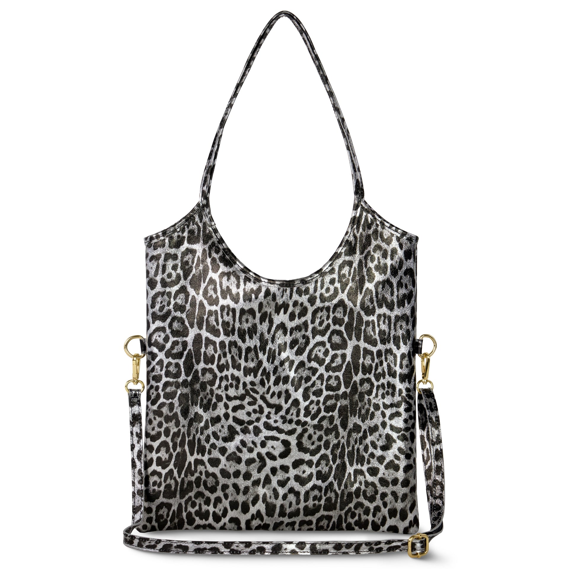 Glamorous leopard-print metallic suede vertical tote bag with slim handles
