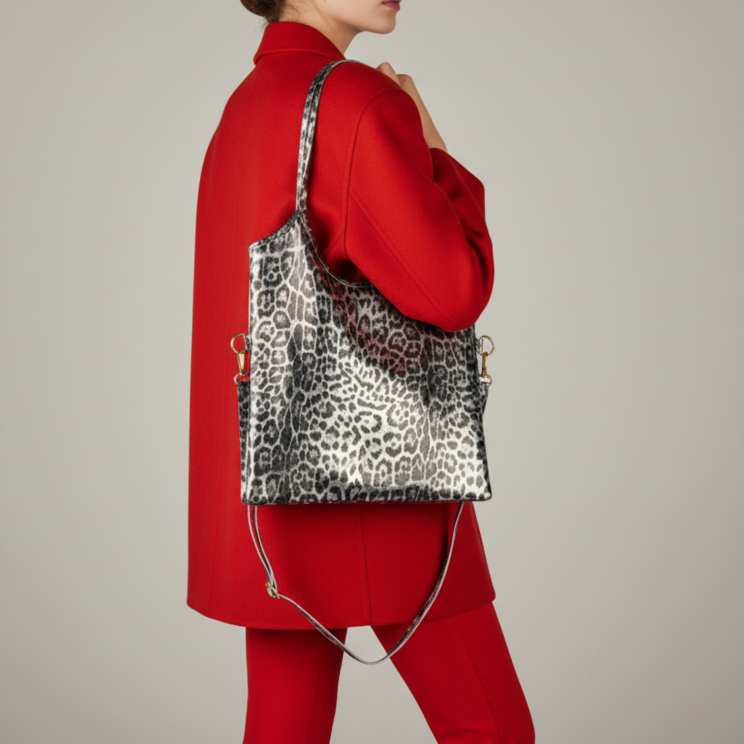Italian Genuine Leopard-Print Metallic Suede Tote Bag