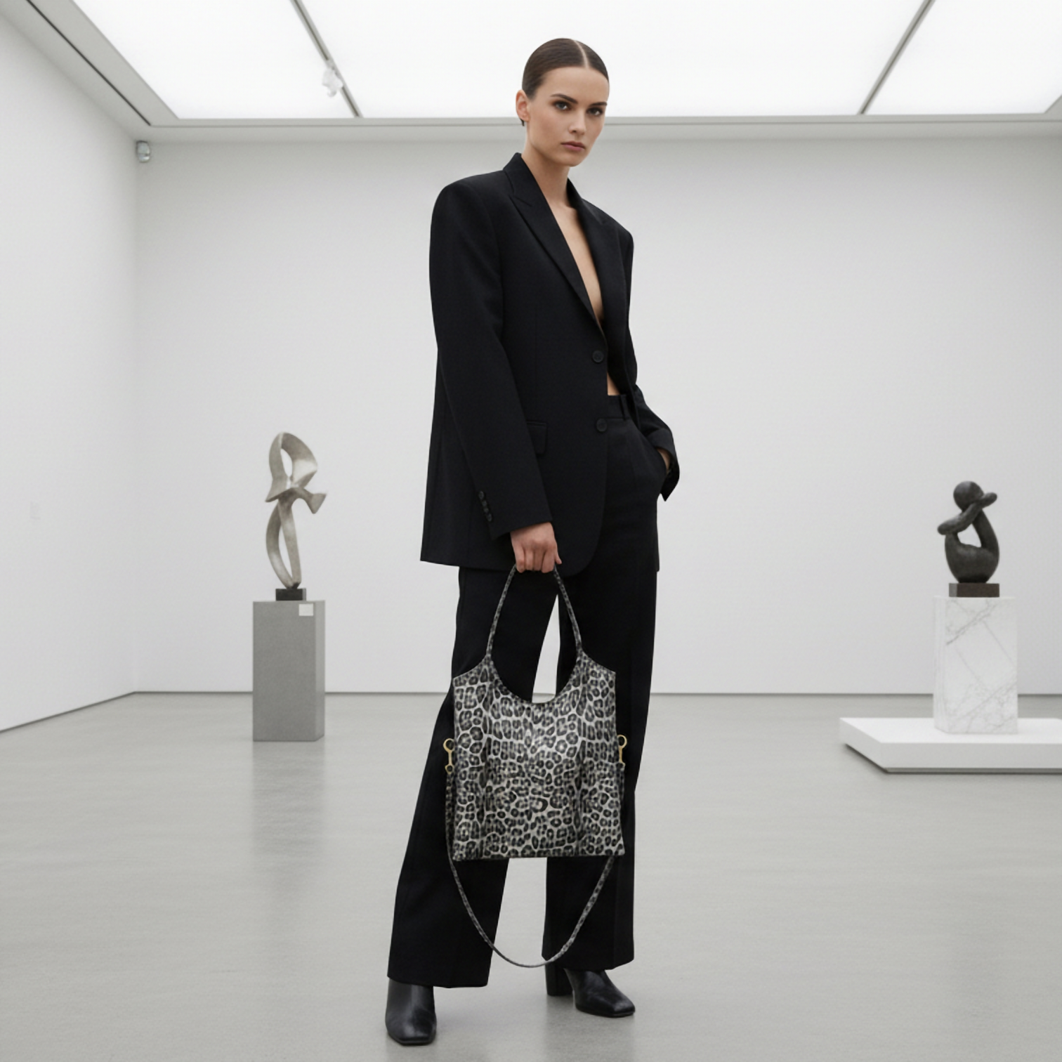 Italian Genuine Leopard-Print Metallic Suede Tote Bag