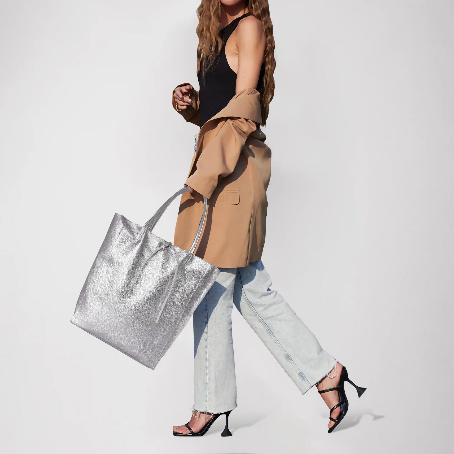 Gold Metallic Calf Leather Tote Bag – Large Italian Carryall